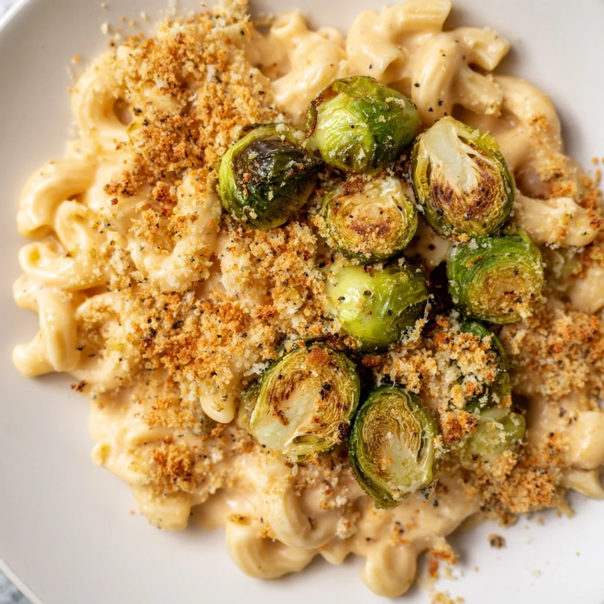 A close-up of sheet pan mac and cheese; creamy, cheesy, and topped with crispy breadcrumbs.