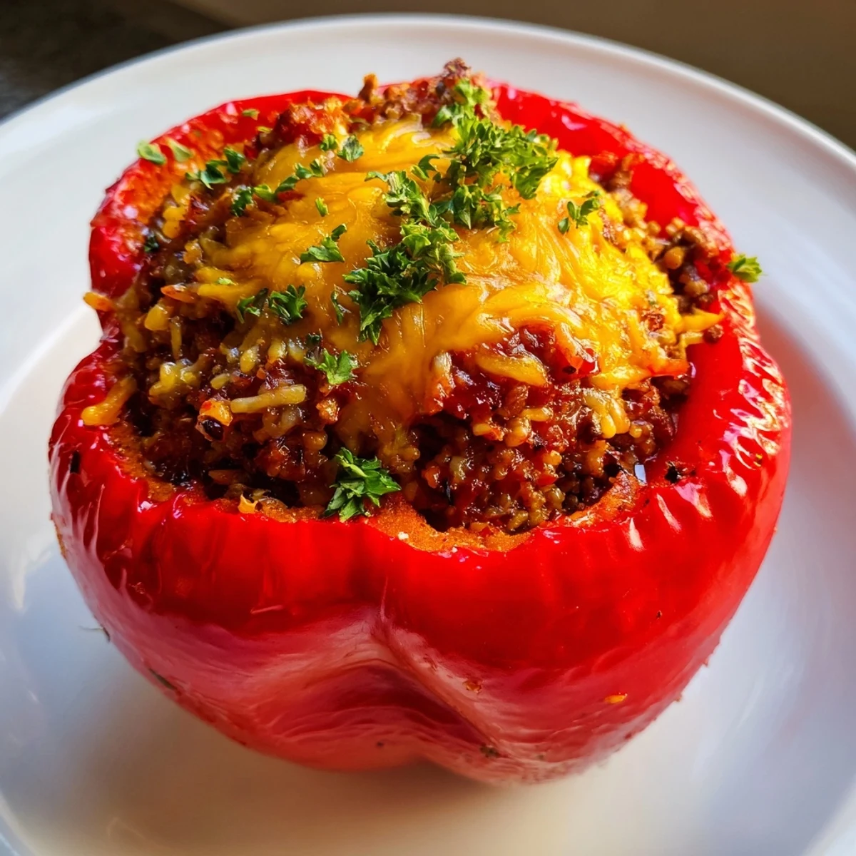 Steaming, vibrant Sloppy Joe Stuffed Peppers overflowing with a rich, savory ground beef filling, ready to serve.