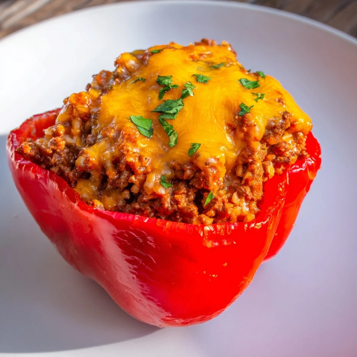A close-up shot of delicious, cheesy Sloppy Joe Stuffed Peppers, bubbling hot from the oven with a glossy tomato sauce.