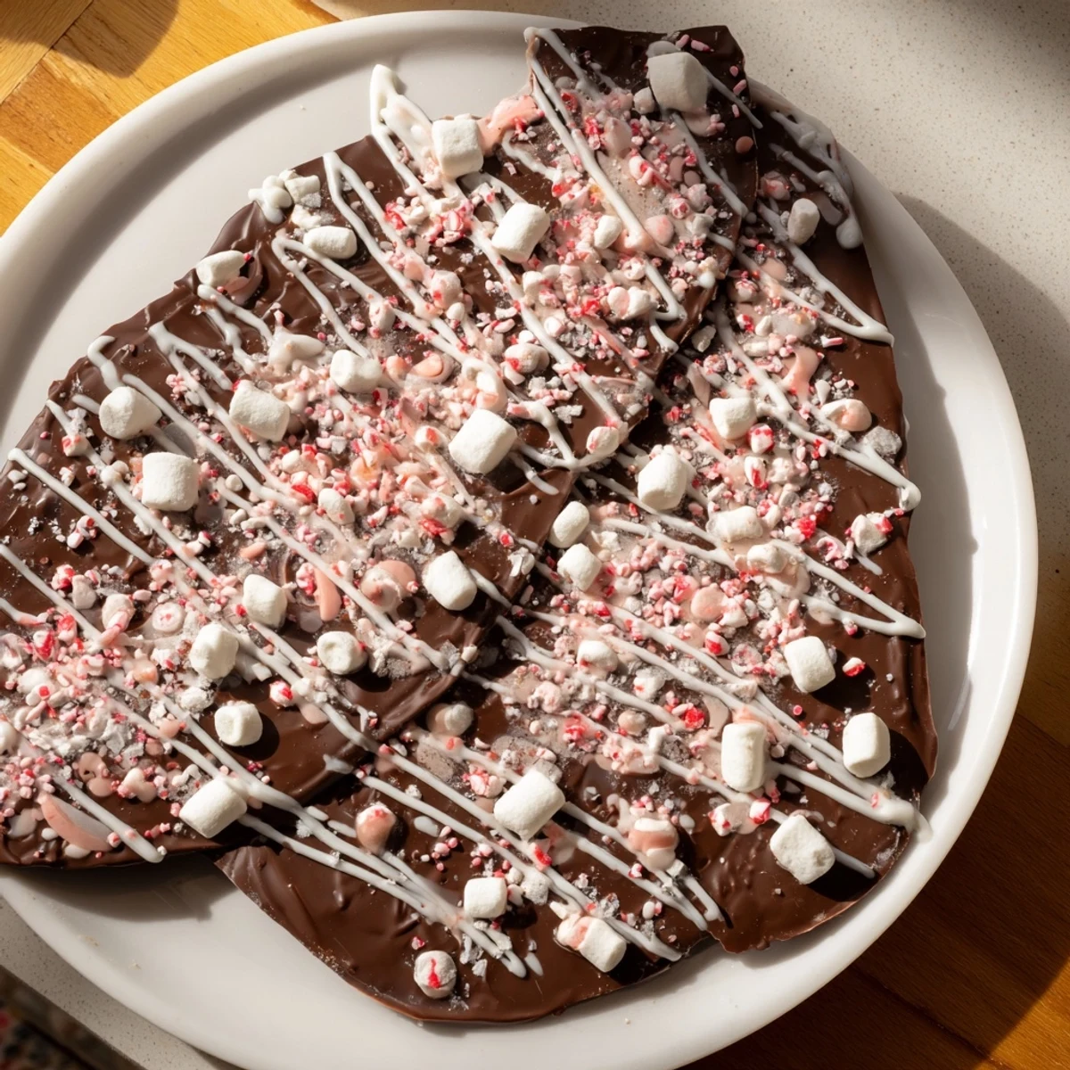 Homemade Hot Chocolate Bomb Bark, featuring a crackly chocolate layer loaded with marshmallows and cocoa mix.