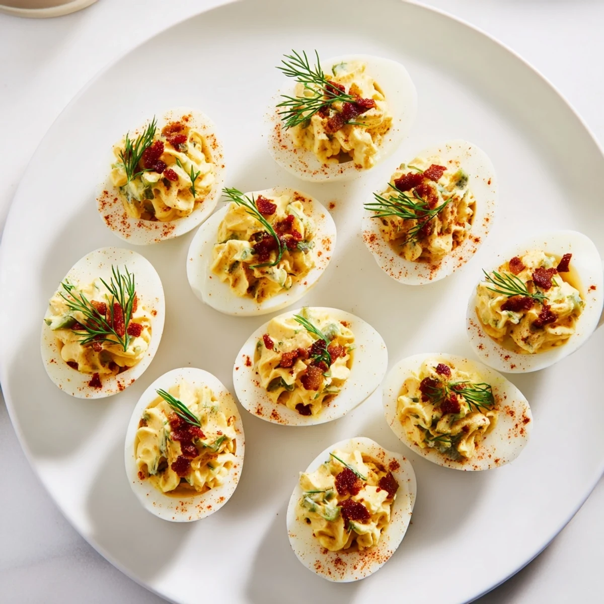 Vibrant photo: Loaded deviled eggs with paprika, topped with bacon and fresh dill, ready to serve.