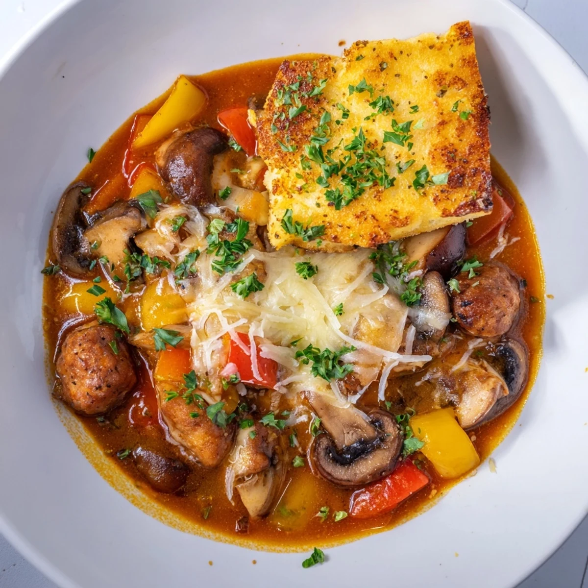 Pizza Pot Pie Soup bubbling hot, cheesy, and with a golden, baked-until-crisp bread topping.