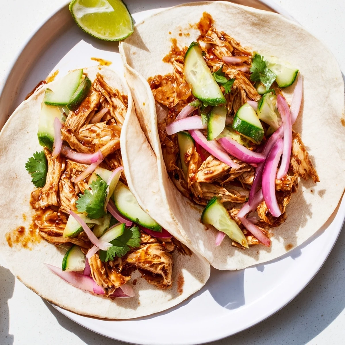 Tender, flavorful sticky chicken tikka masala tacos served with fresh cilantro and cool lime wedges.