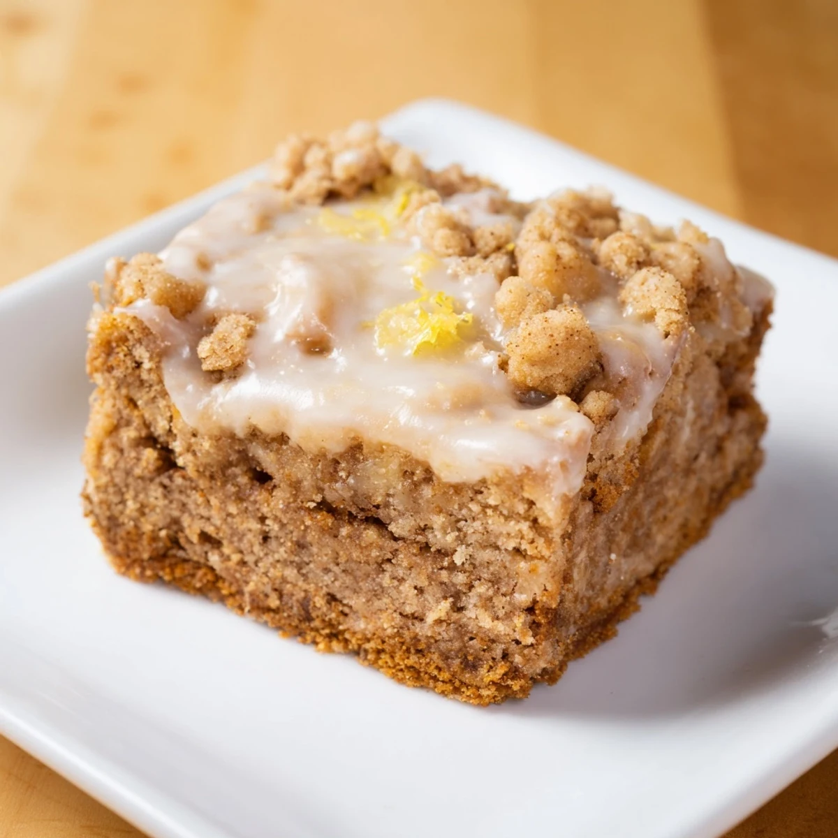 Golden-brown Lemon-Glazed Gingerbread Crumble Bars, drizzled with tangy lemon glaze, a perfect dessert.