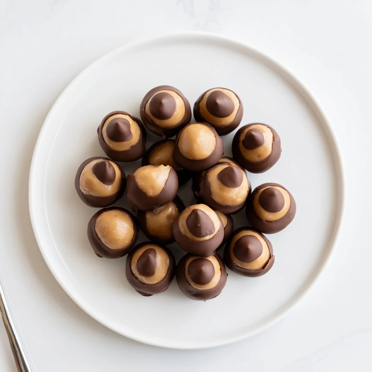 Plate piled high with decadent Peanut Butter Buckeyes; a classic, homemade American dessert!