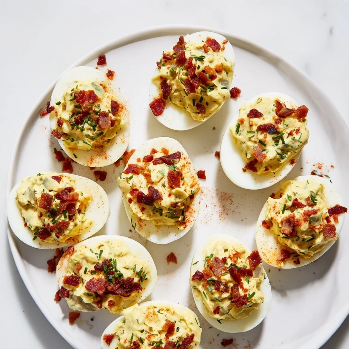Savory Loaded Deviled Eggs, a classic recipe with crispy bacon topping and fresh herbs.