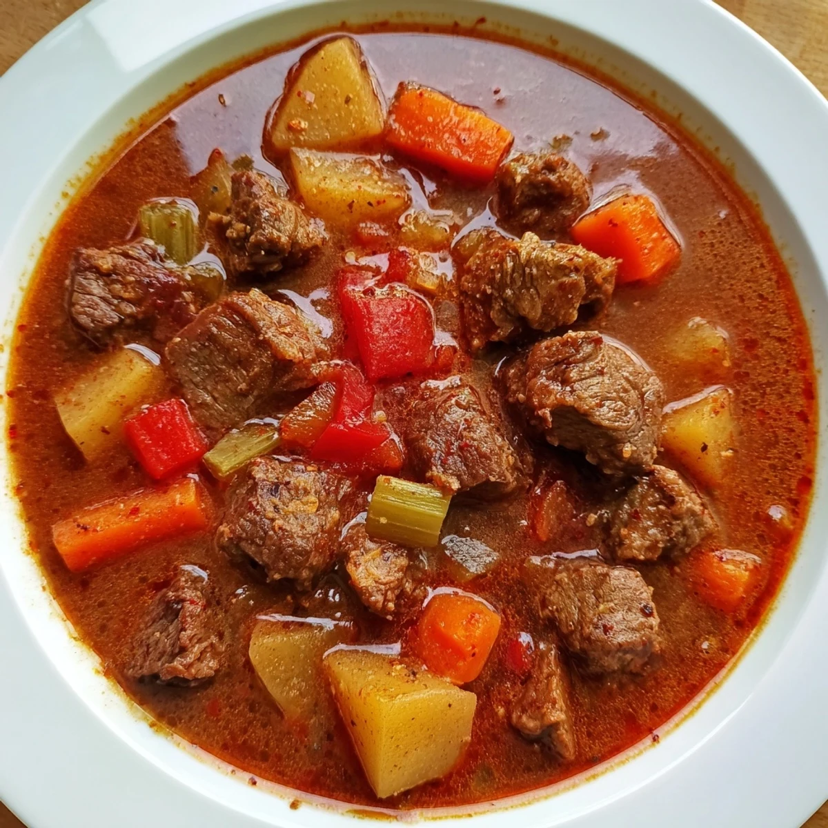 Smoked Paprika & Garlic Beef Stew bubbling in a Dutch oven with tender beef and vegetables.