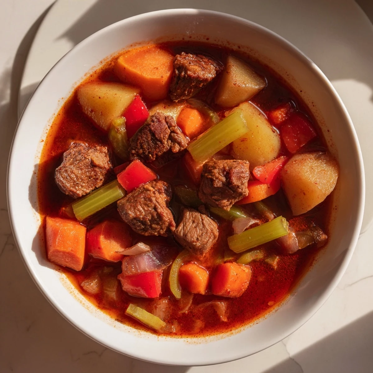 A warm bowl of Smoked Paprika & Garlic Beef Stew, perfect for a cozy, comforting dinner.