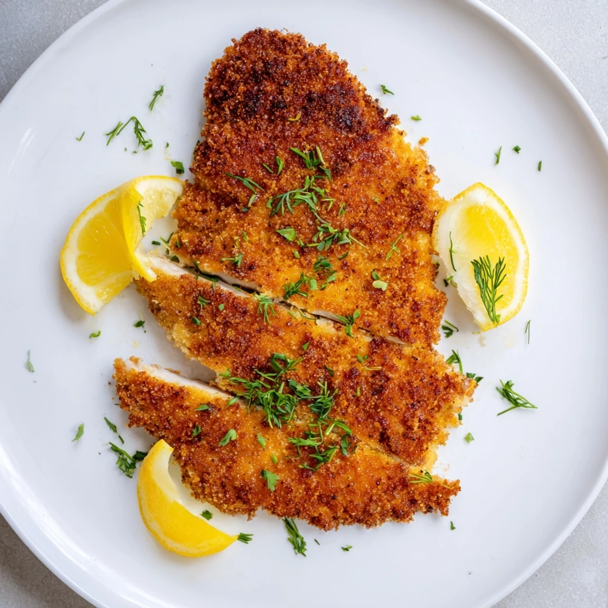 Juicy, flavorful pickle-brined chicken cutlets offering that satisfying crunch alongside fresh dill.