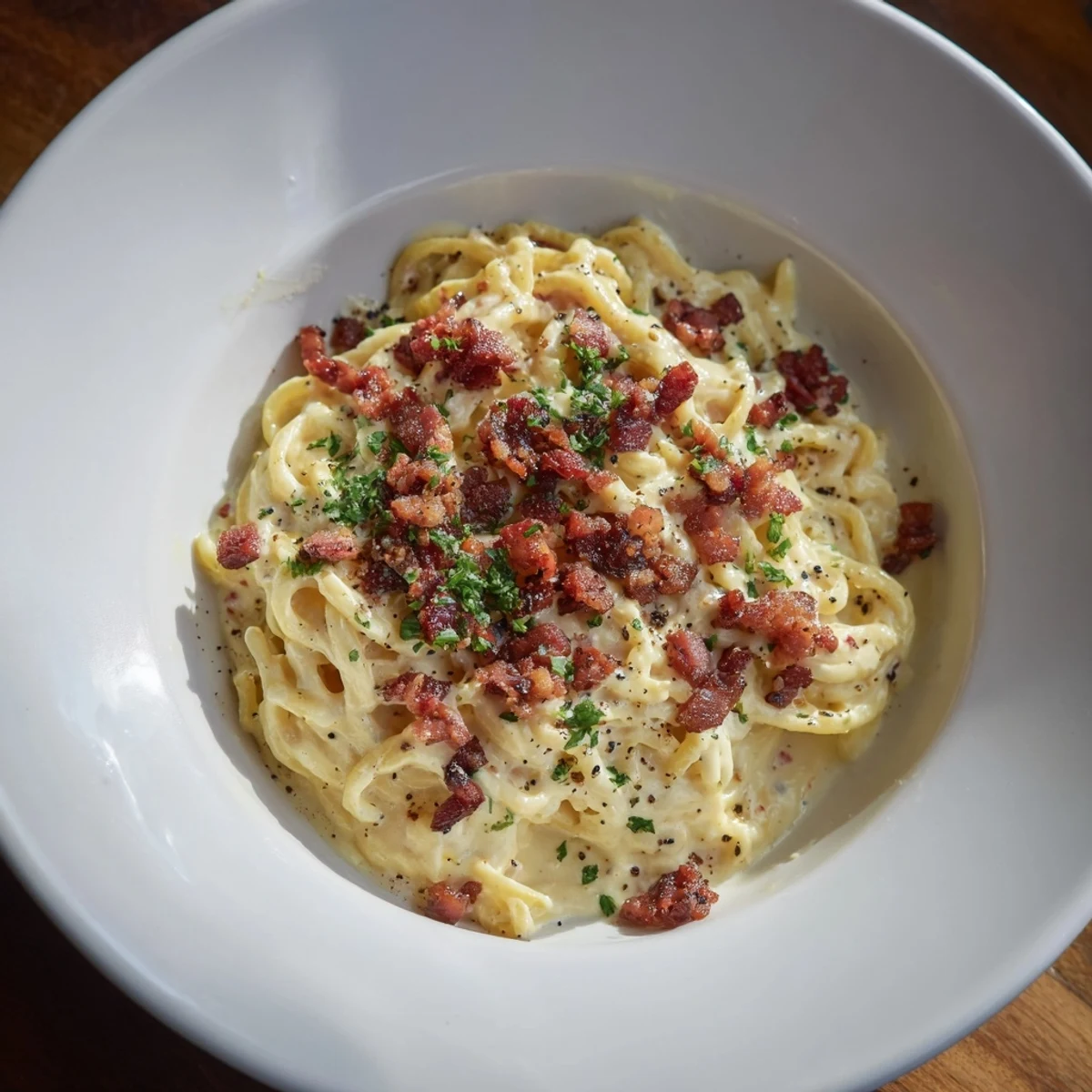 Carbonara Ramen Fusion, glistening with creamy sauce and Parmesan, ready to eat.