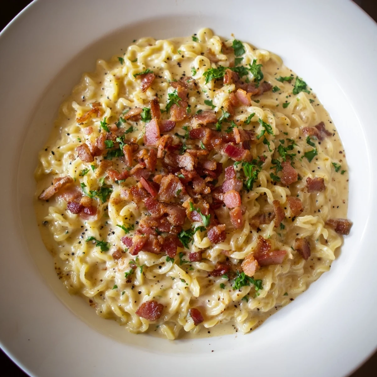 This Carbonara Ramen Fusion showcases noodles coated in rich egg and cheese sauce, a quick dinner.