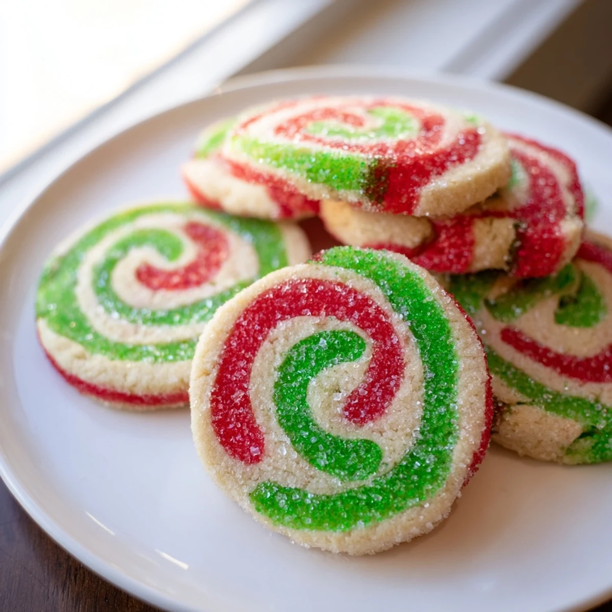 Swirled, vibrant Holiday Pinwheel Cookies, ready to eat, showing off their cheerful red and green swirls.