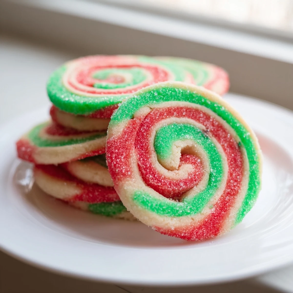 Close-up of baked Holiday Pinwheel Cookies: colorful, sugary spirals, perfect for gifting or enjoying at home.