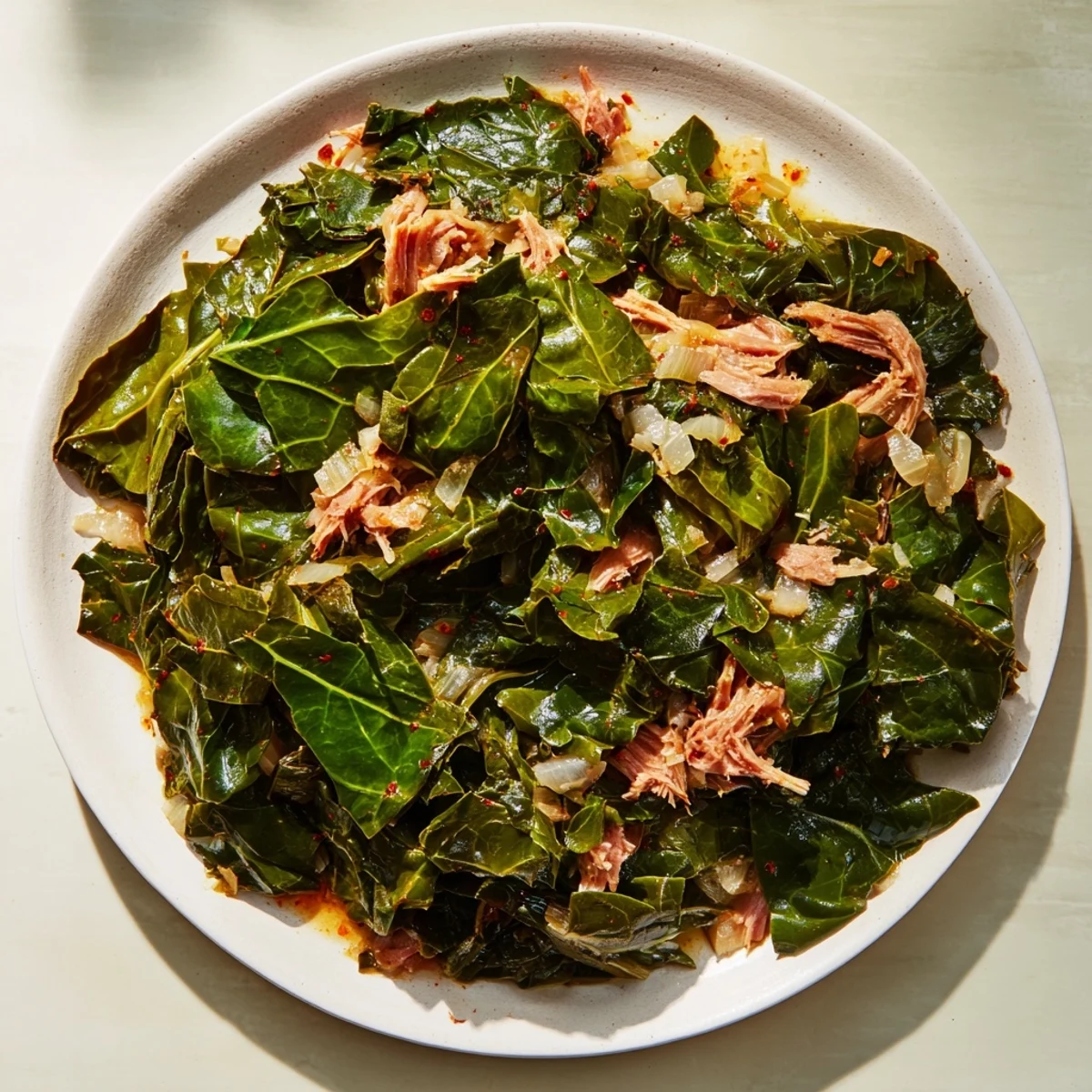 Steaming Southern style collard greens with smoked turkey, aromatic onions, and spices, plated ready to enjoy.