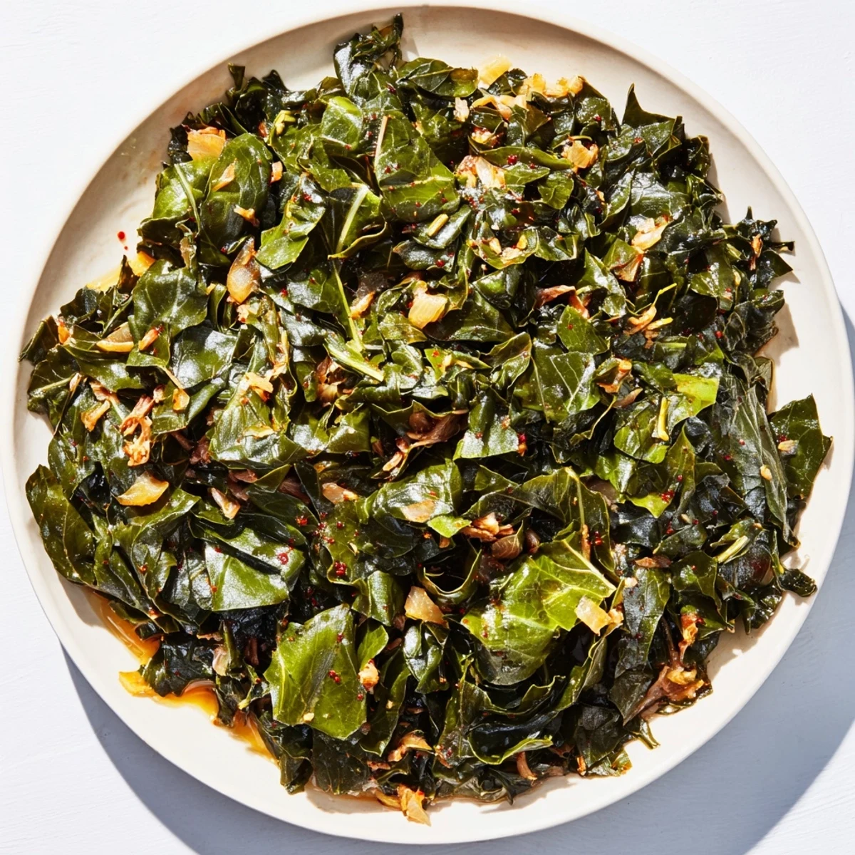 Close-up of bubbling Southern style collard greens: braised until tender with rich, smoky turkey flavors.