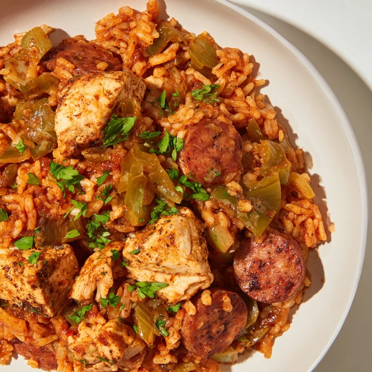 A close-up of Simple Chicken and Sausage Jambalaya Bake features tender chicken and smoky sausage.