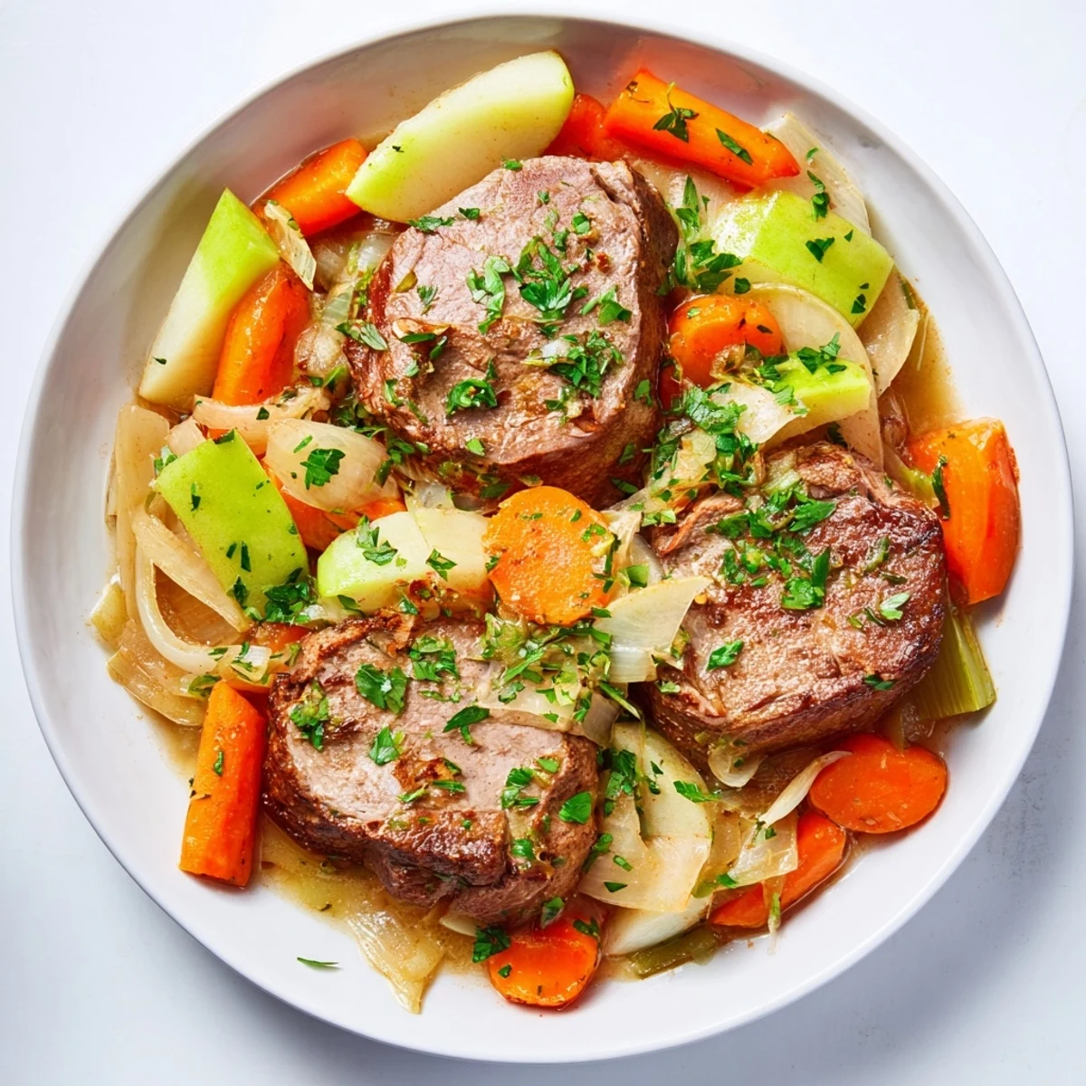 Hearty Stovetop Sausage, Celery, and Apple Hotpot served with fresh parsley, perfect for a cozy dinner.