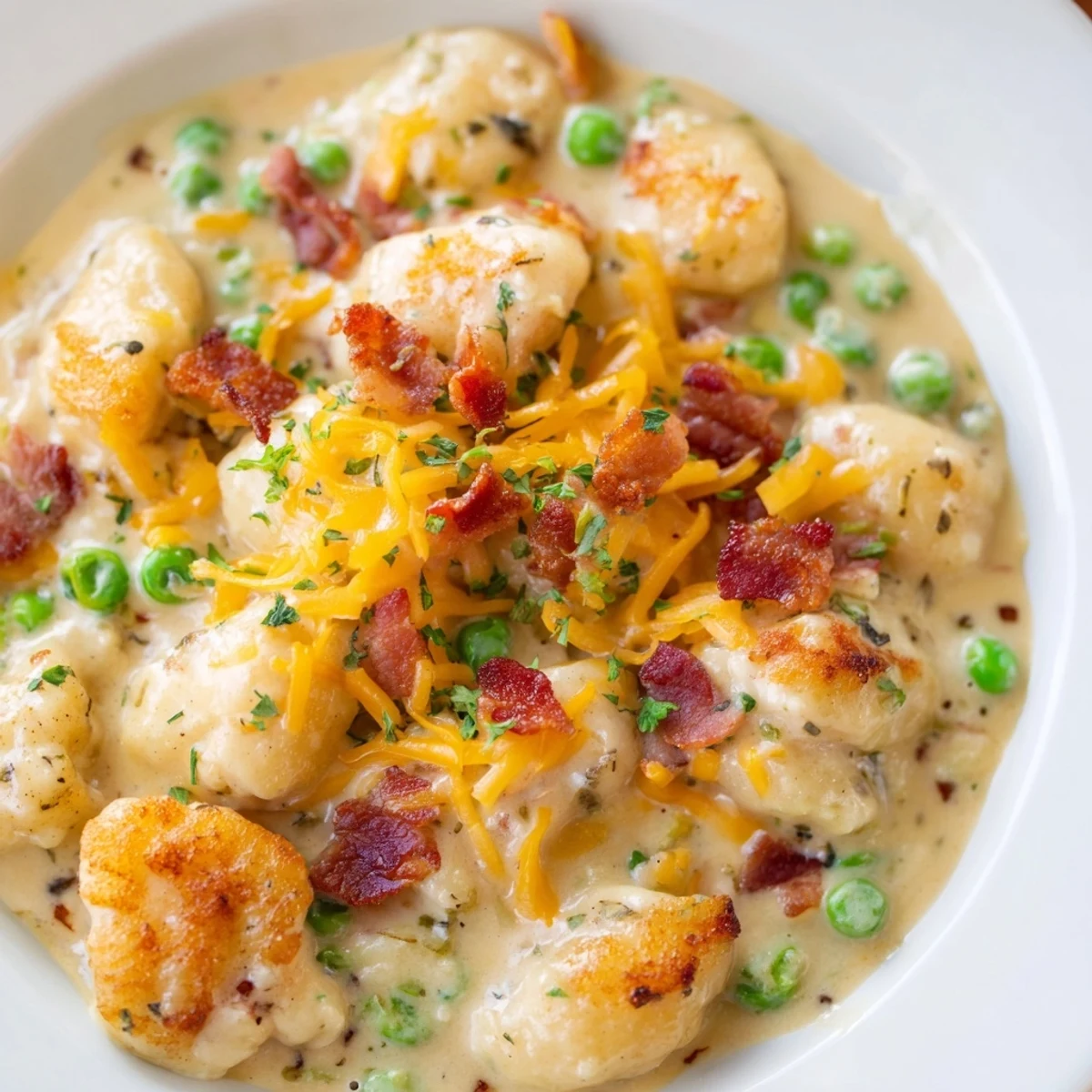 Creamy Crack Chicken Gnocchi, a comforting meal with melted cheese, bacon, and tender chicken in a rich sauce.