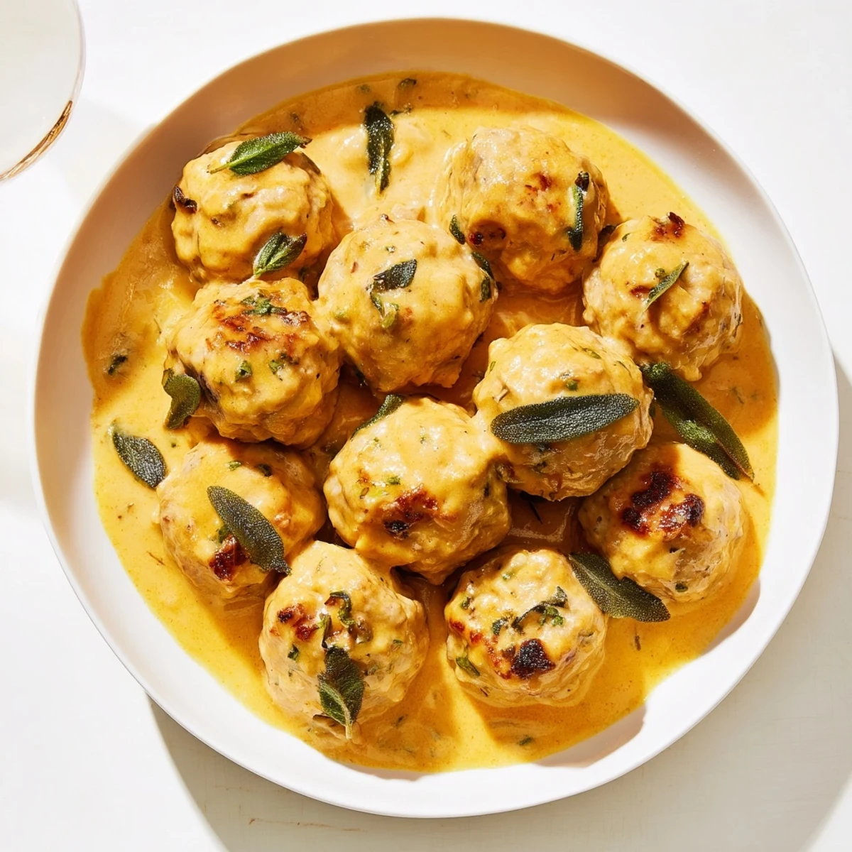 Juicy turkey meatballs swimming in a creamy, vibrant pumpkin sage sauce, ready to serve.