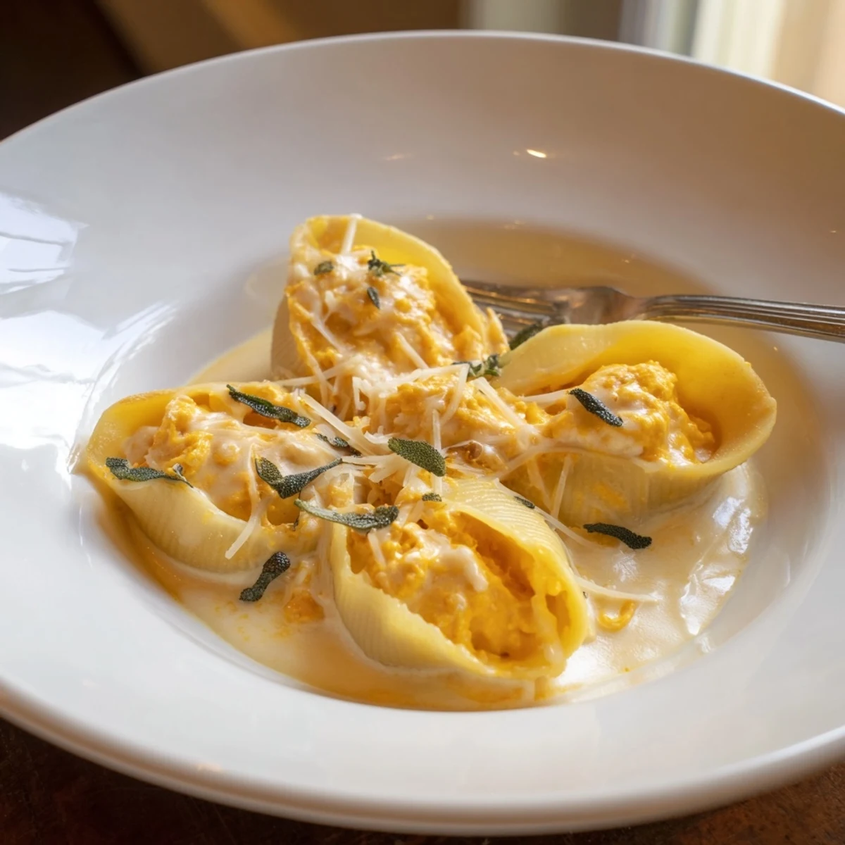 Golden-brown Pumpkin & Gouda Stuffed Shells, bubbling with a rich sage Alfredo sauce, ready to serve.