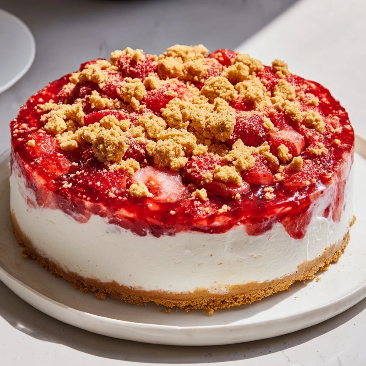 A slice of creamy strawberry shortcake cheesecake with a vibrant red strawberry layer and crumble topping.