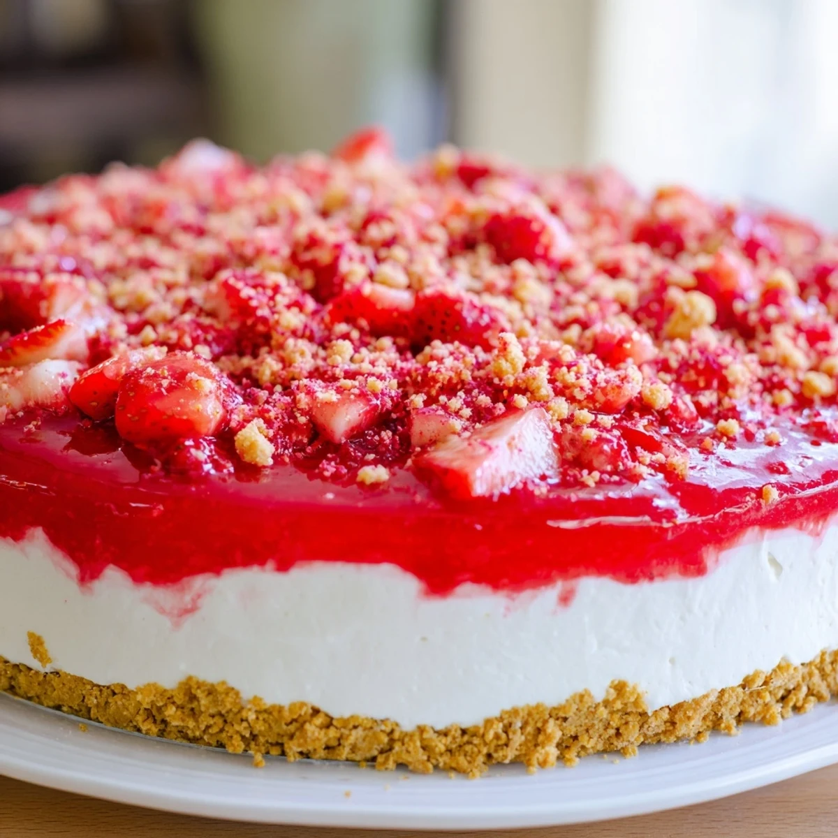 Close-up of a delectable strawberry shortcake cheesecake, showcasing its layers and fresh strawberries ready to eat.