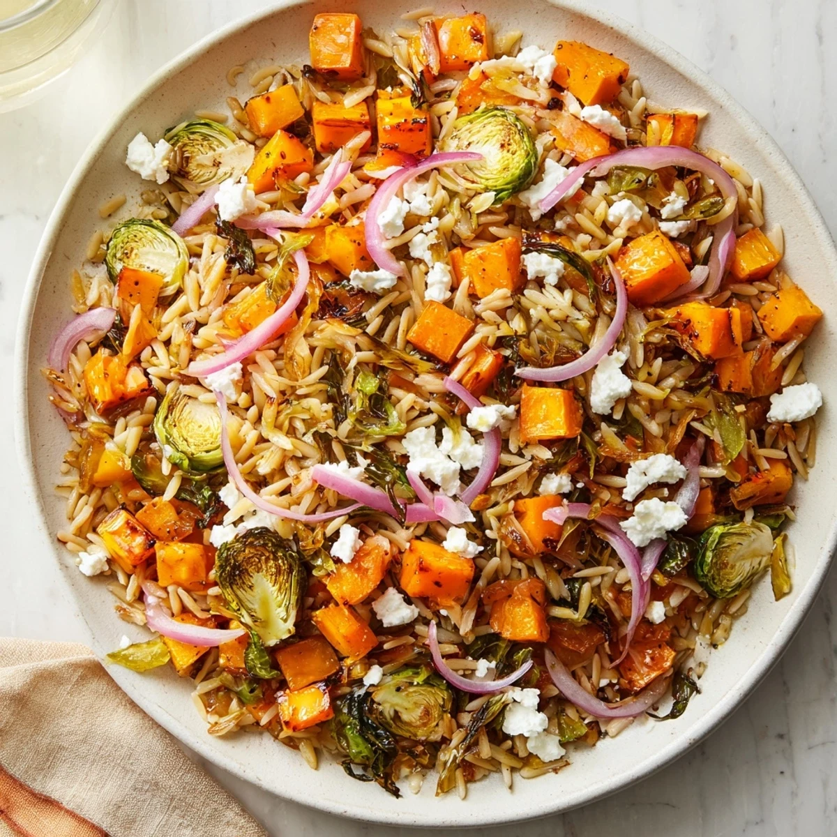 A close-up of the Best Fall Harvest Orzo Salad shows colorful roasted vegetables ready to enjoy.