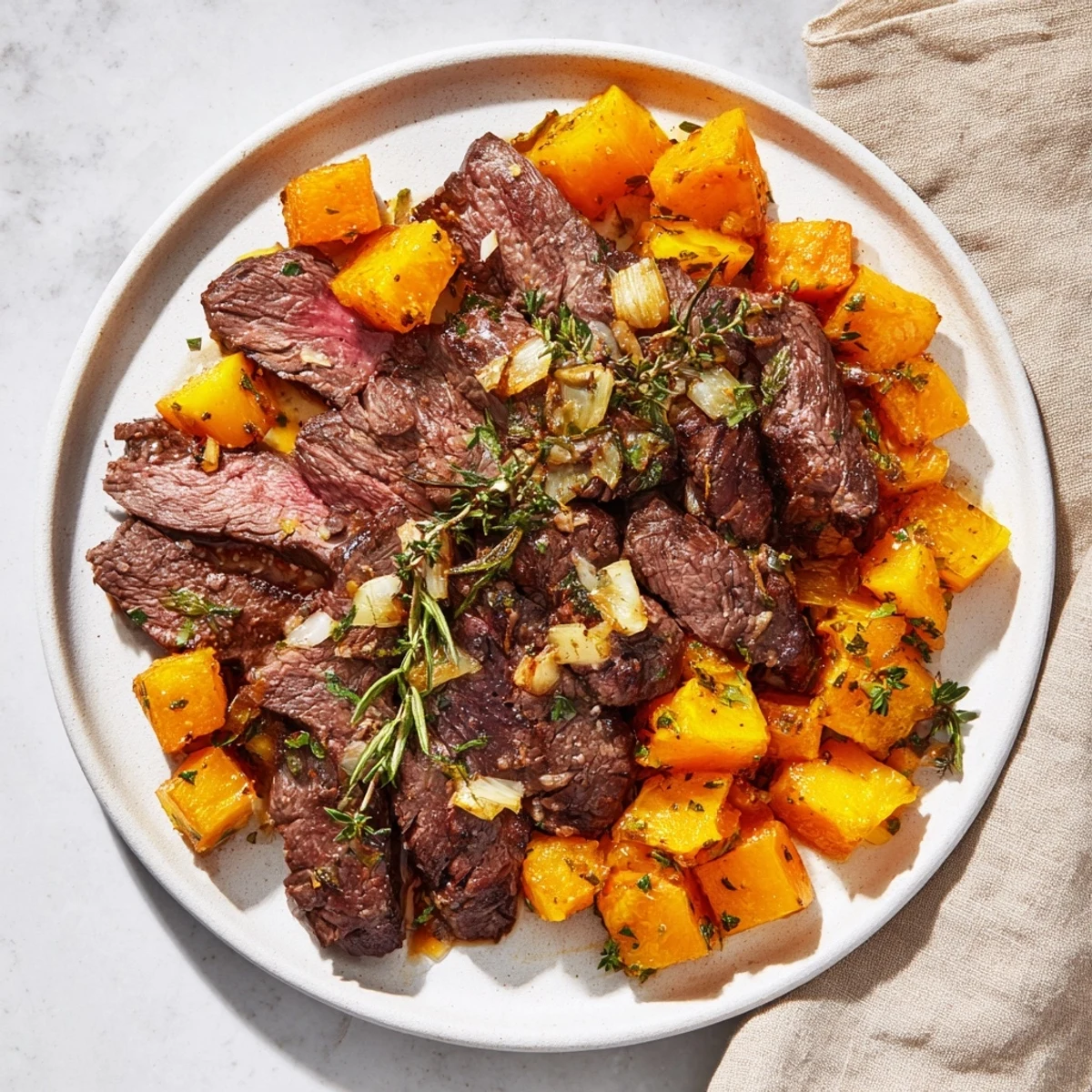 Close-up of savory butternut squash & garlic herb steak bowls showcasing juicy steak and tender squash, ready to eat.