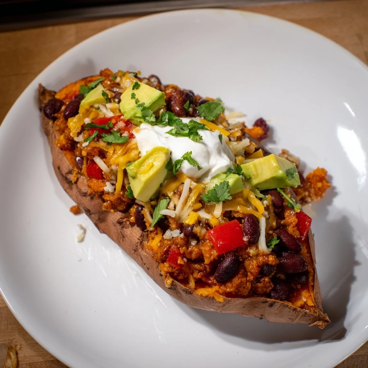 Steaming Savory Baked Sweet Potato Chili Boats overflowing with rich, bean-packed chili and melty cheese.
