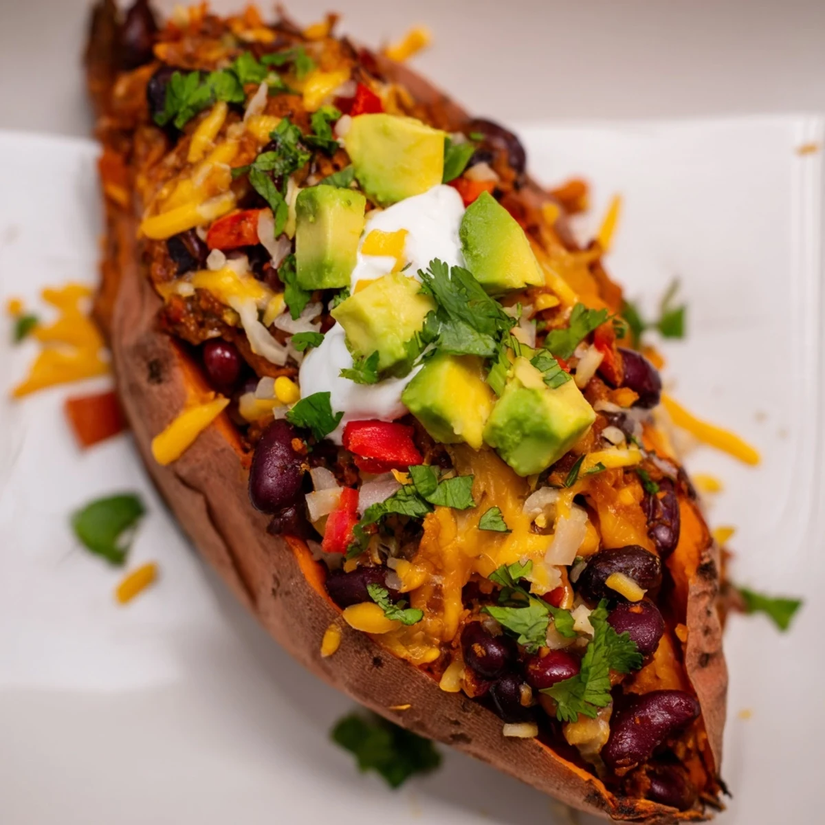 A close-up of fully loaded Savory Baked Sweet Potato Chili Boats with a vibrant medley of toppings ready to be devoured.