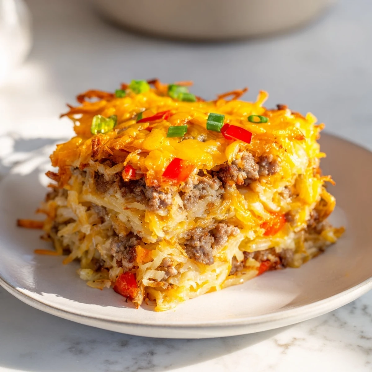 A hearty pan of Quick Christmas Morning Hash Brown Bake, filled with sausage, ready to be sliced and served.