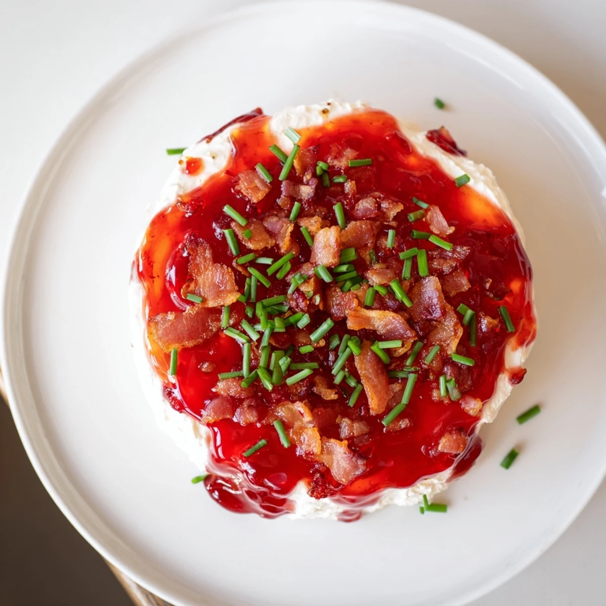 A close-up shows the colorful layers of the Easy Bacon Pepper Jelly, ready to be scooped up with crackers.