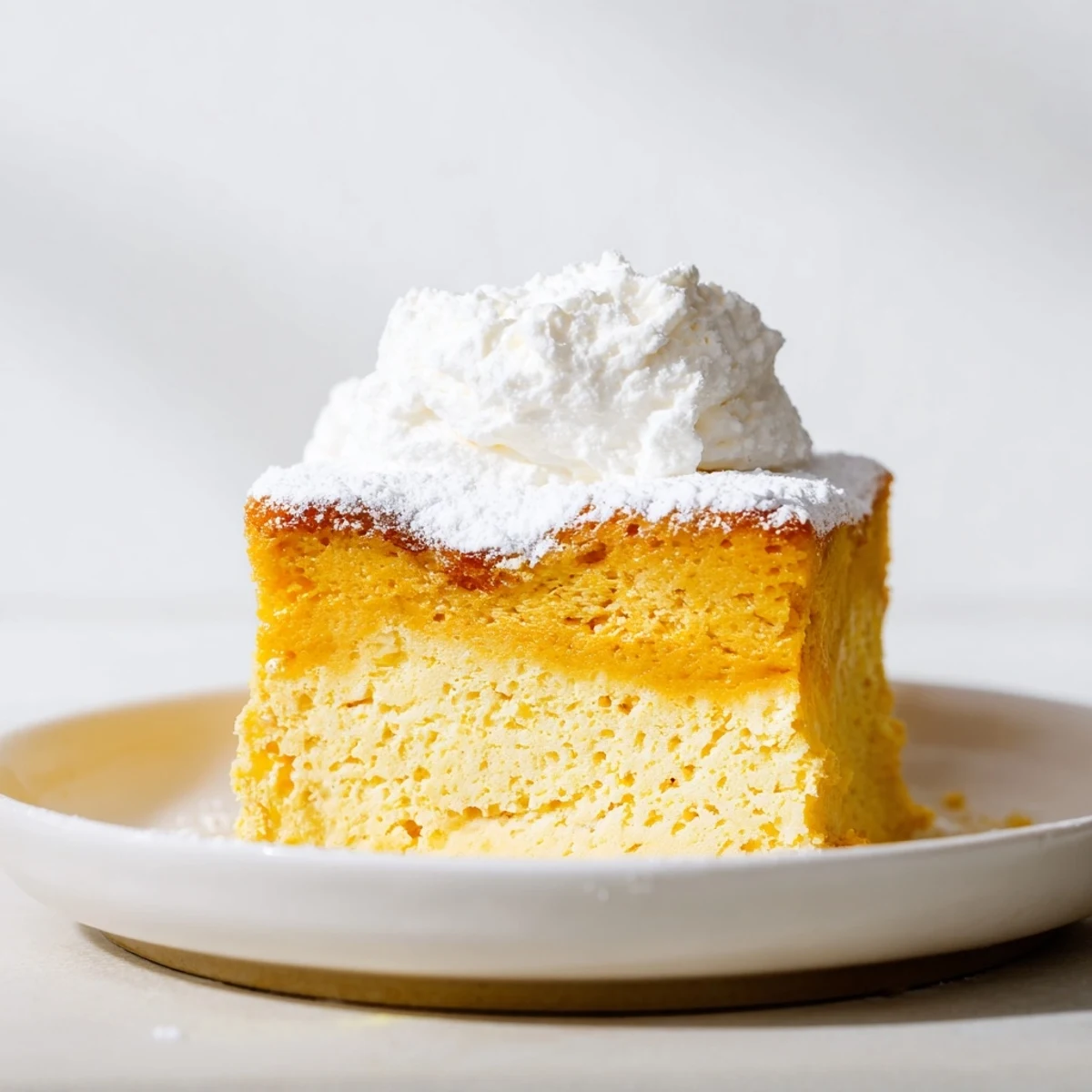 Creamy, spiced Simplified Pumpkin Magic Cake with a fluffy top, perfect for a cozy autumn dessert.