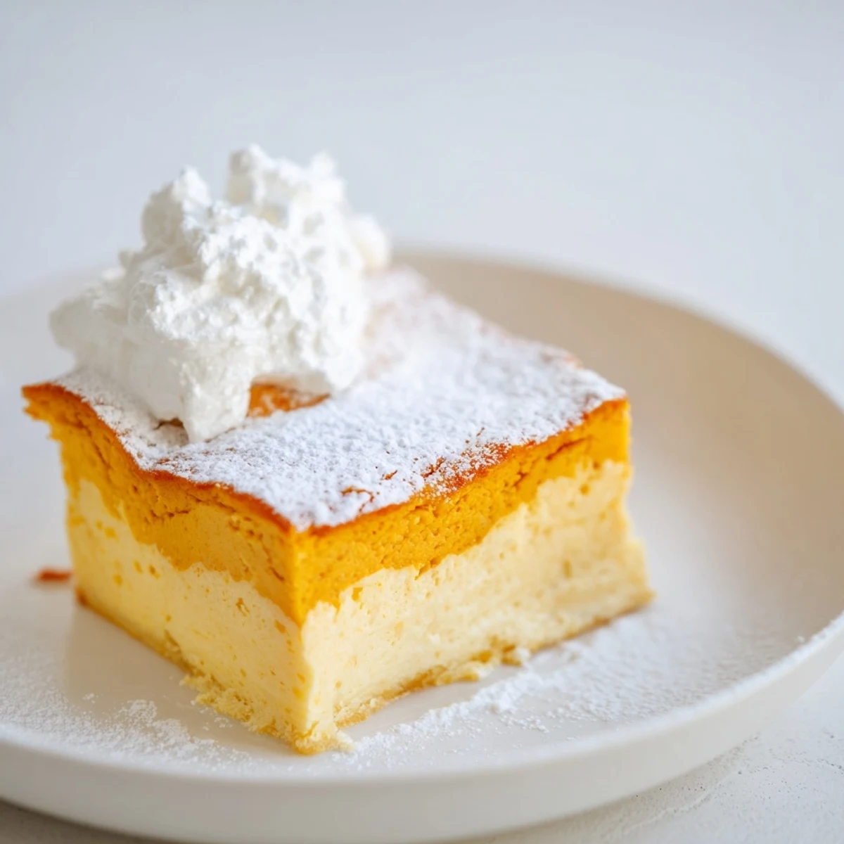 A slice of warm Simplified Pumpkin Magic Cake dusted with powdered sugar, ready for serving with whipped cream.