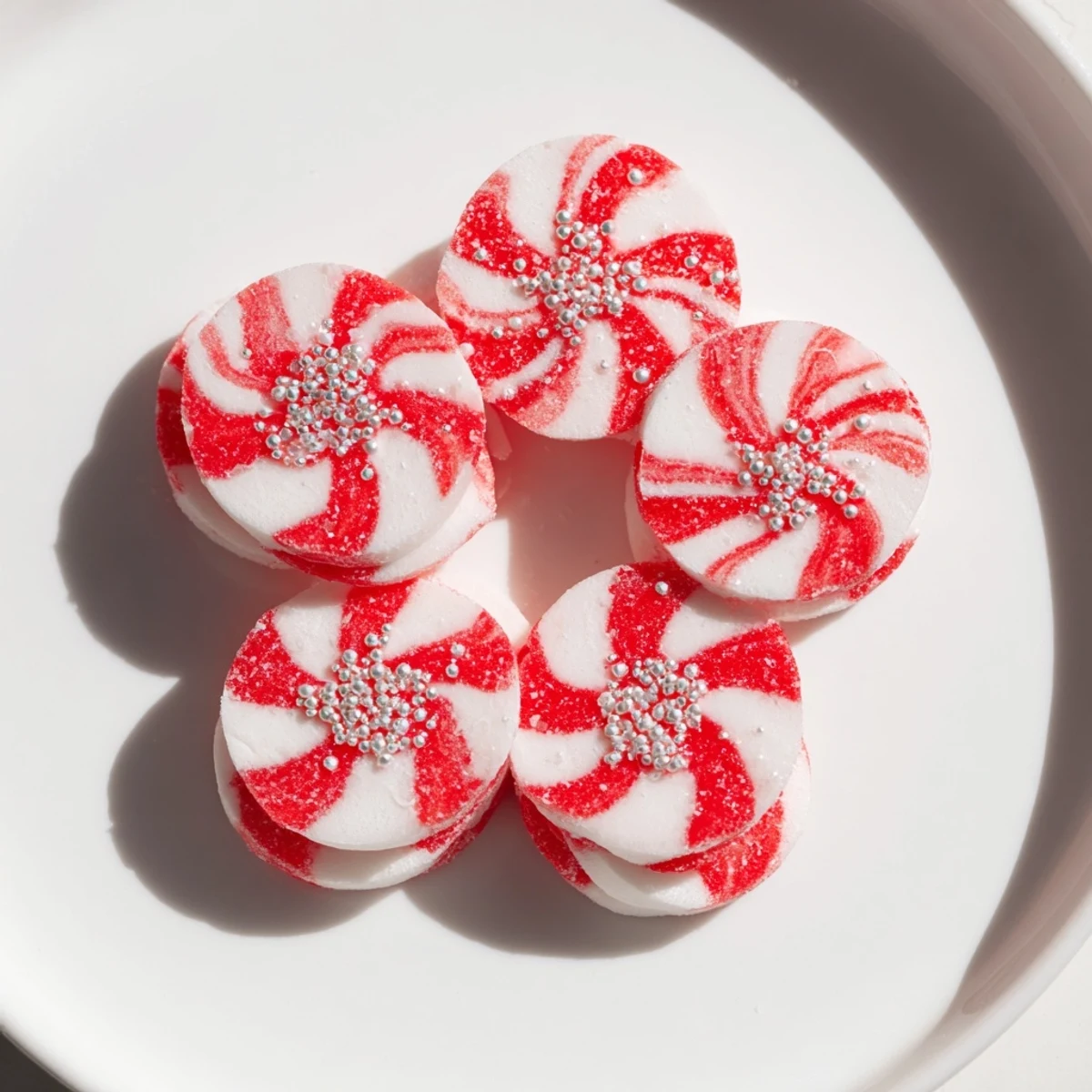 Warm, melted Express Peppermint Candy Bows with edible glitter; perfect sweet treat for holiday gifting.