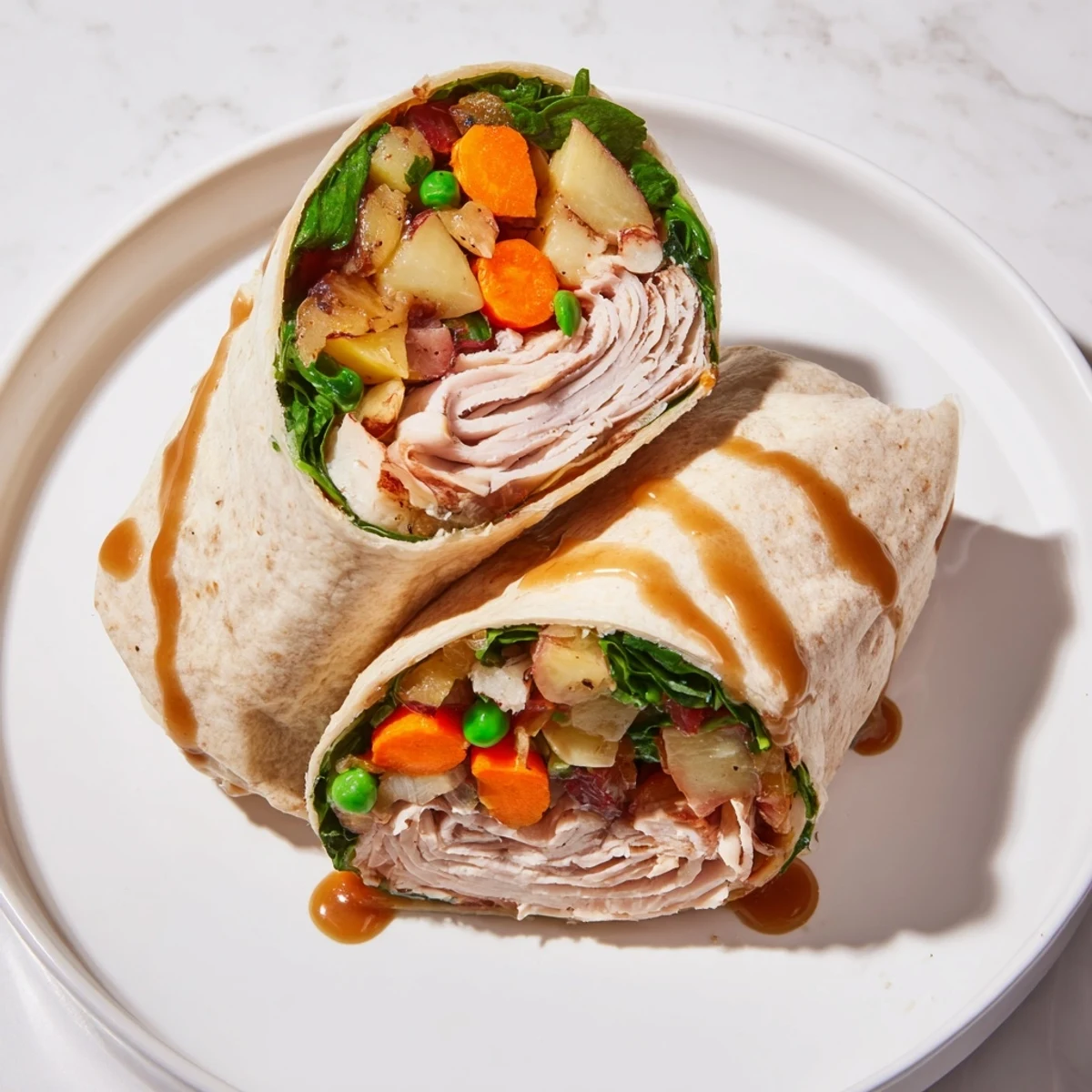 Simple Christmas Leftover Wrap Hack: A hearty wrap filled with turkey, stuffing, and veggies, ready to enjoy.