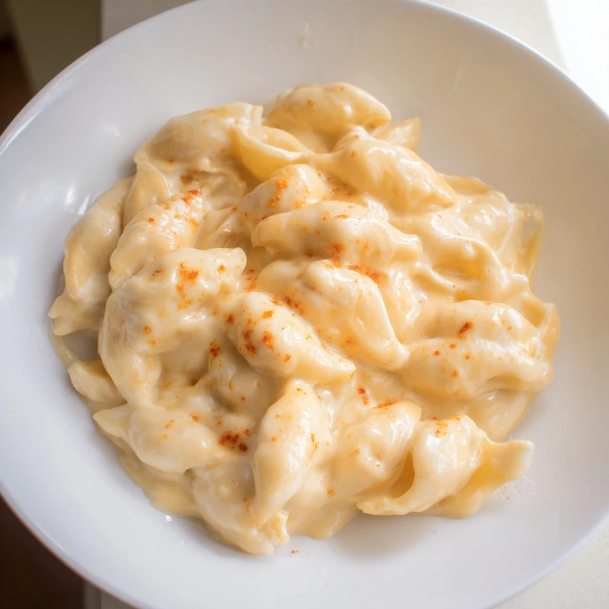 A close-up of Easy Tinis Mac & Cheese shows creamy, golden, cheesy pasta, ready to enjoy.