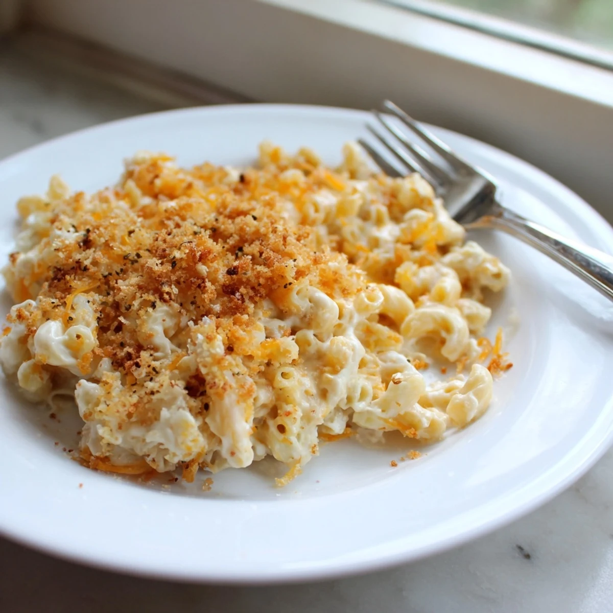 A steaming bowl of Easy Tinis Mac & Cheese with a bubbly cheese topping, ready to eat.