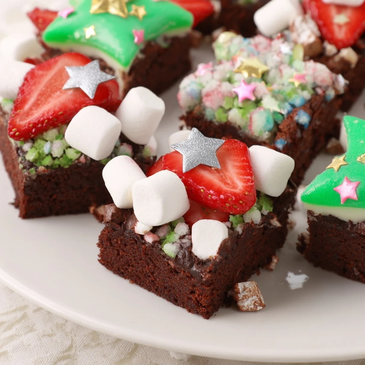Fudgy *Express Christmas Tree Brownie Hats* topped with green chocolate, sprinkles, and a strawberry "tree".