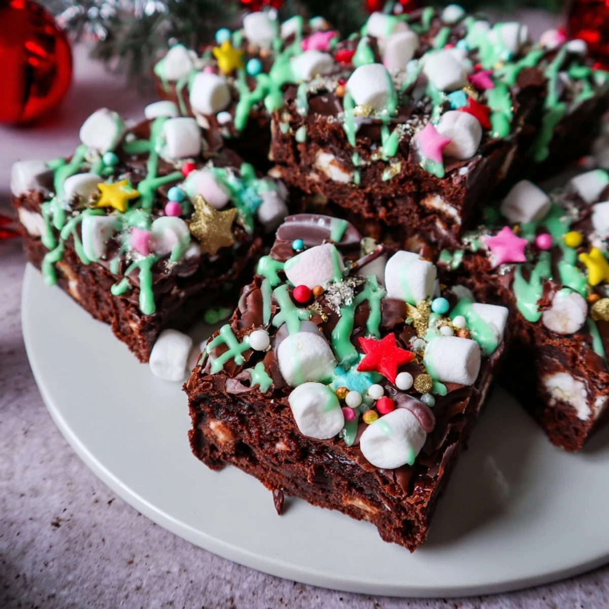 Delicious *Express Christmas Tree Brownie Hats* feature brownie bases, green chocolate "trees", and edible star sprinkles.