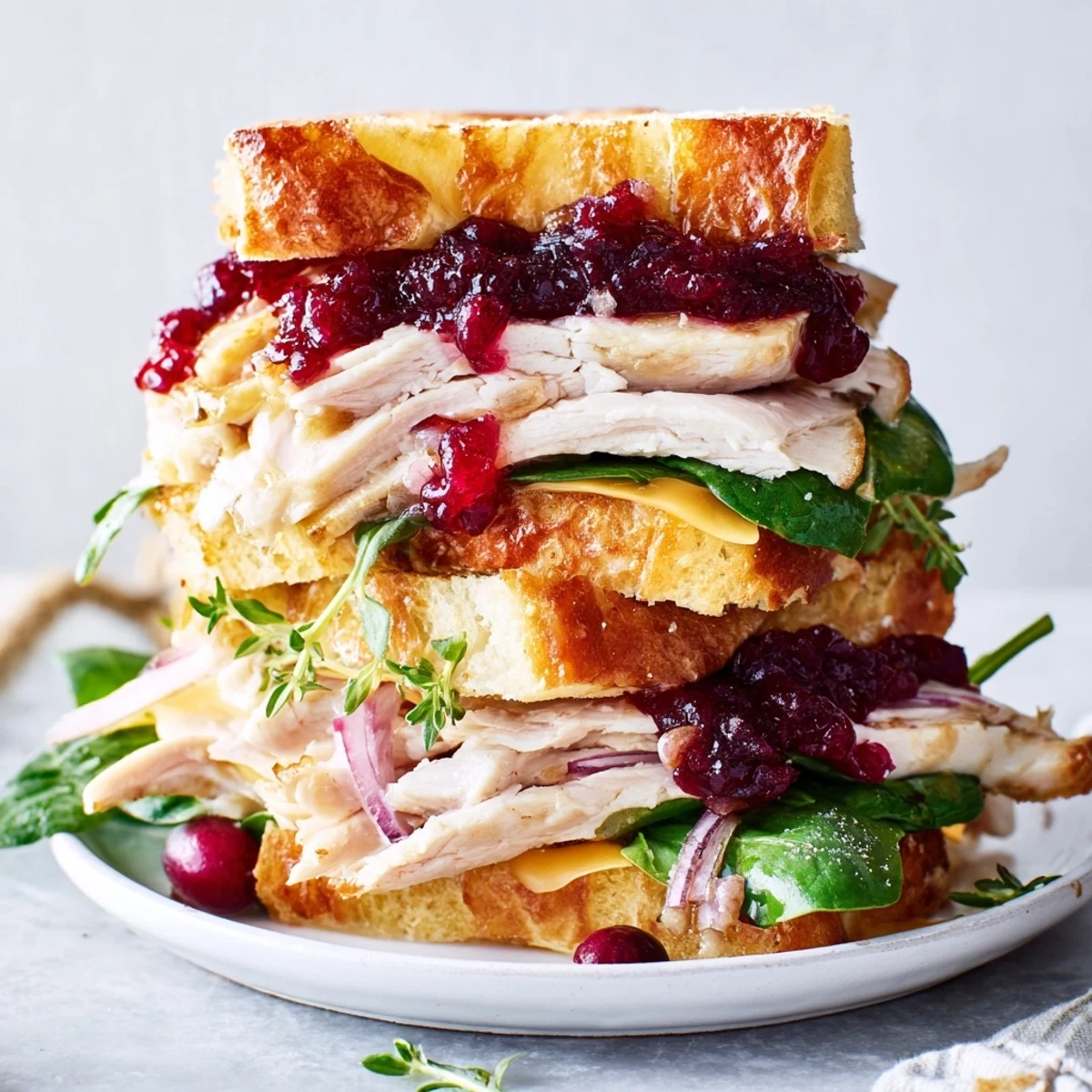 Warm and delicious, a freshly grilled Budget Christmas Sandwich on Brioche showcases its holiday fillings.
