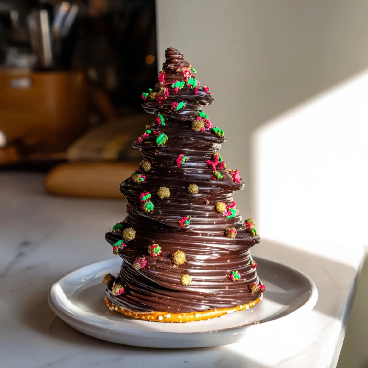 Close-up of freshly made Express Chocolate Christmas Trees, with pretzel trunks ready to be enjoyed.