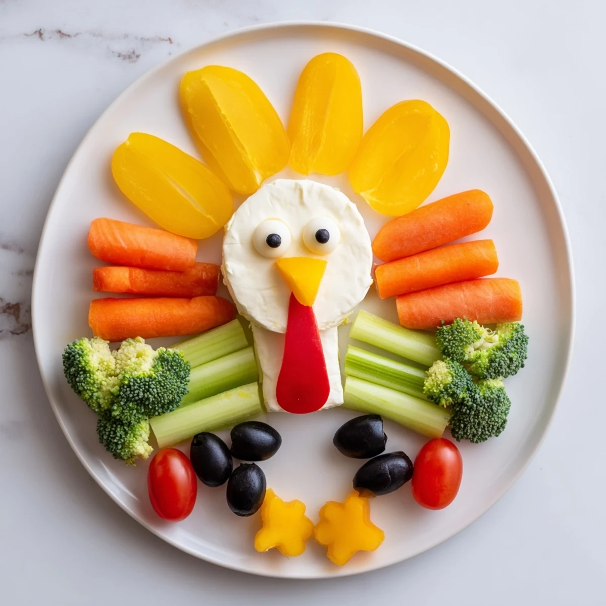 Vibrant turkey shaped appetizer tray with fresh veggies, crackers, and creamy cheese ready for serving.