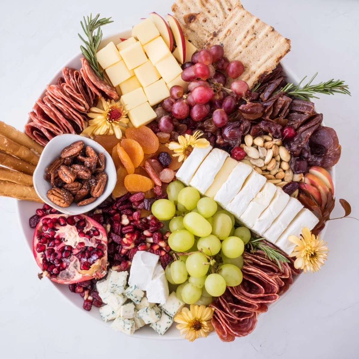 Winter Wonderland Grazing Tray overflowing with colorful fruits, cheeses, meats, and festive garnishes for entertaining.