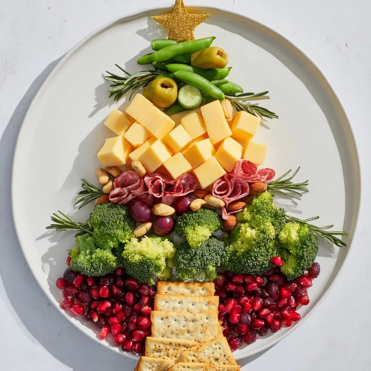 Evergreen Tree Snack Board overflowing with vibrant cheeses, fruits, and charcuterie, ready to serve.