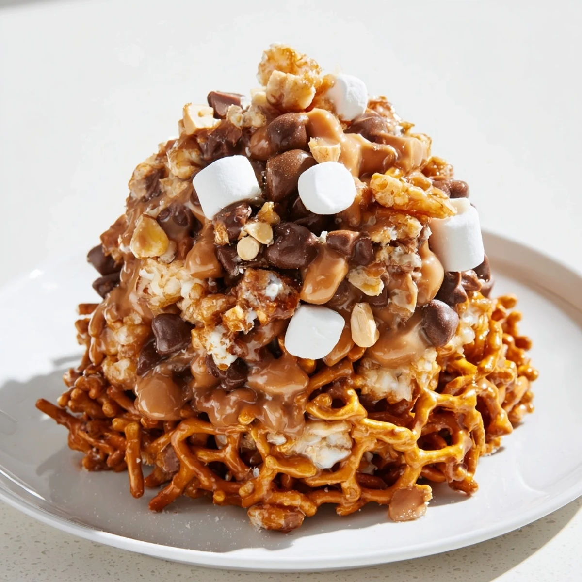 A delicious, decadent Haystack Candy Tower, featuring pretzels, marshmallows, and rich chocolate on a silver platter.