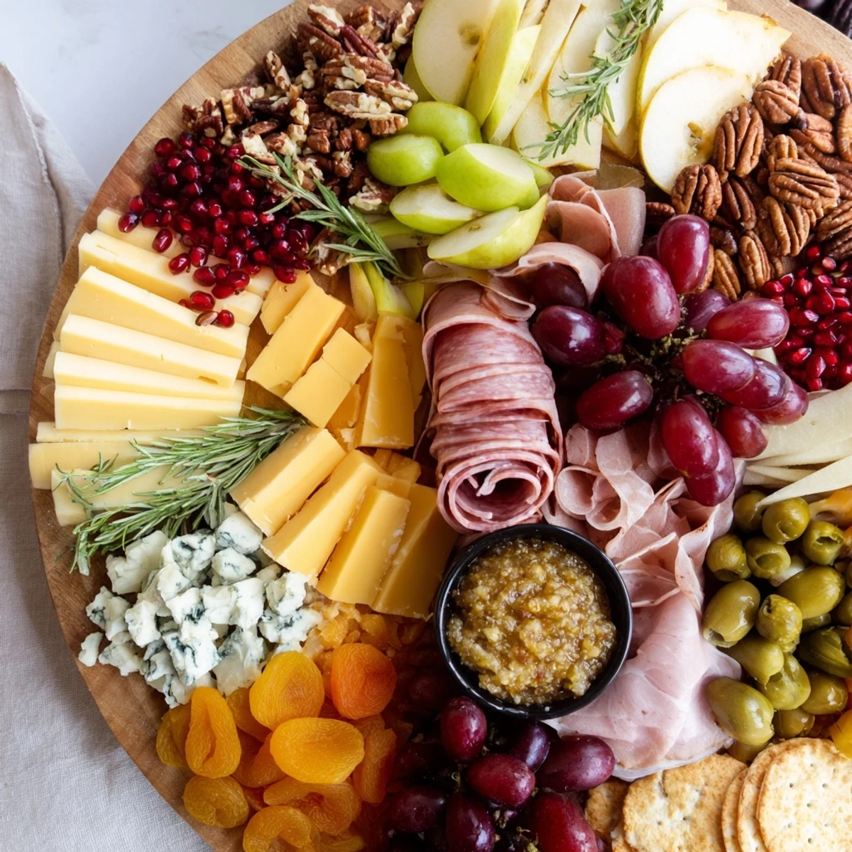 A beautifully arranged Sleigh Ride Charcuterie board overflowing with cheeses, meats, and seasonal winter fruit.