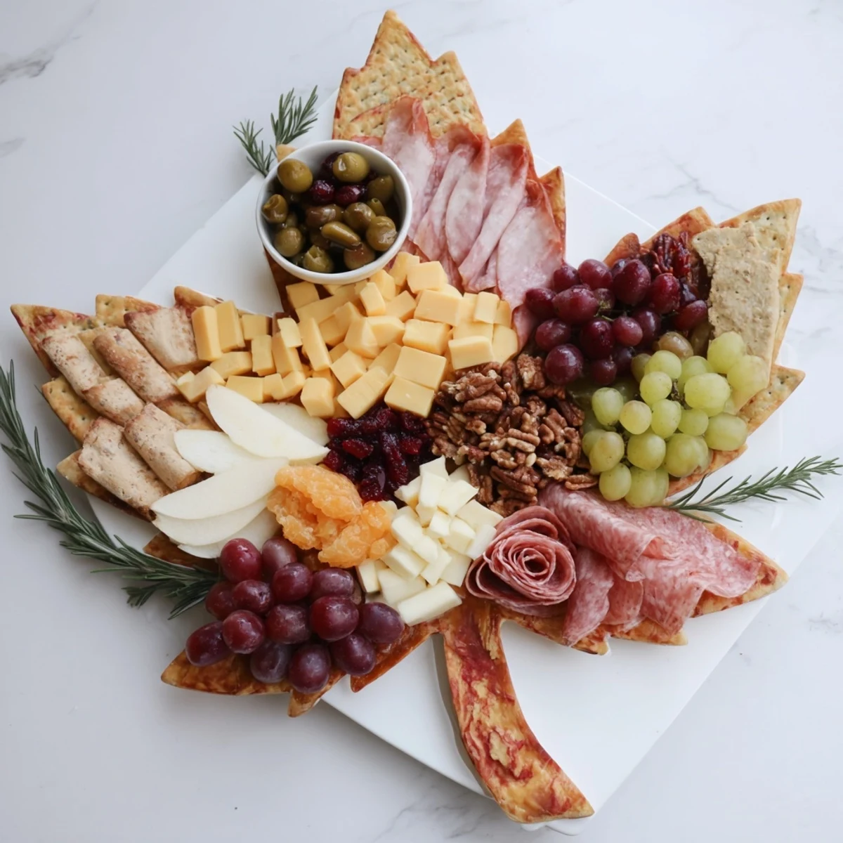Vibrant Maple Leaf Grazing Tray brimming with cheese, charcuterie, fruit, and nuts, perfect for autumn hosting.