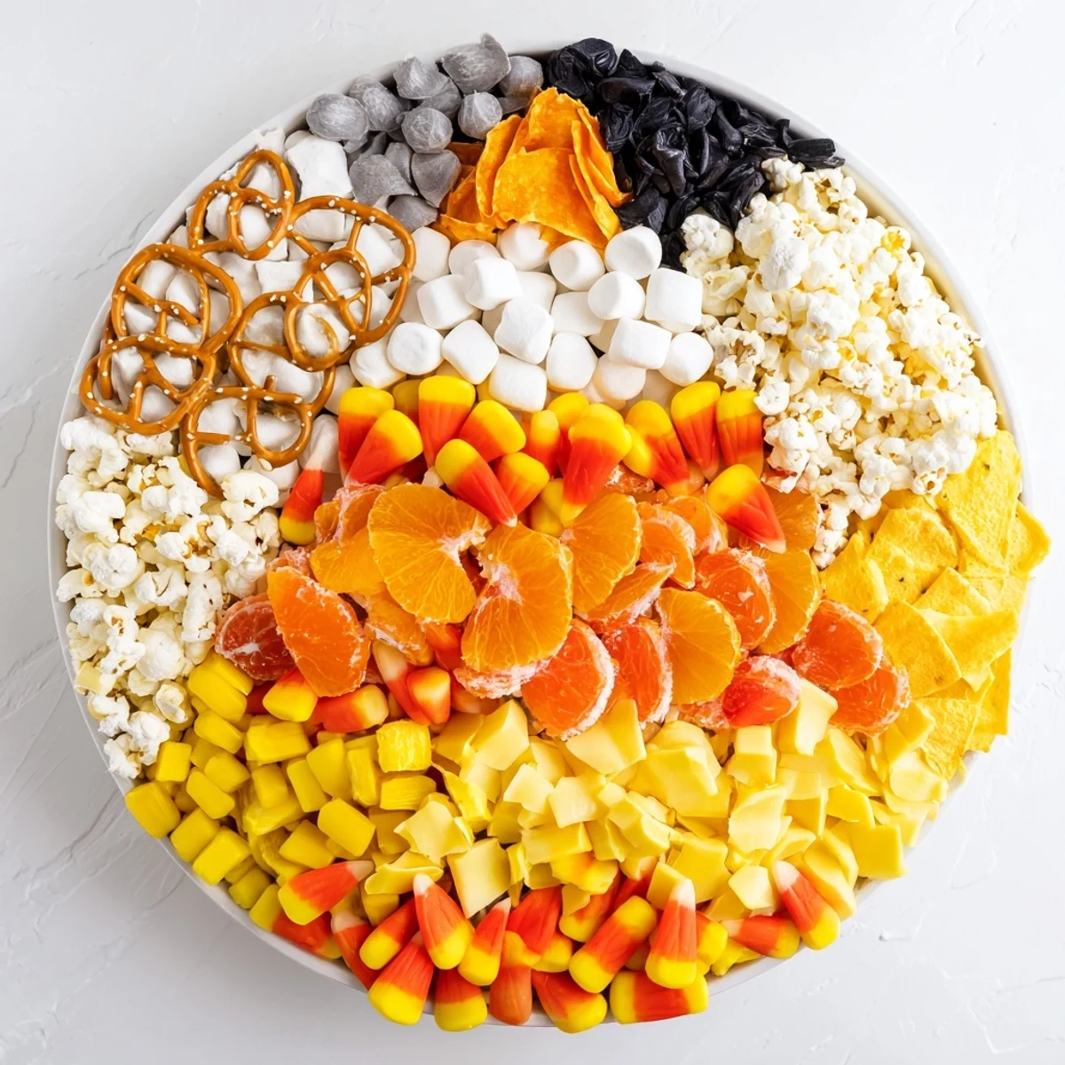 A visually appealing Candy Corn Spooky Board featuring a delightful mix of sweet and savory Halloween treats.