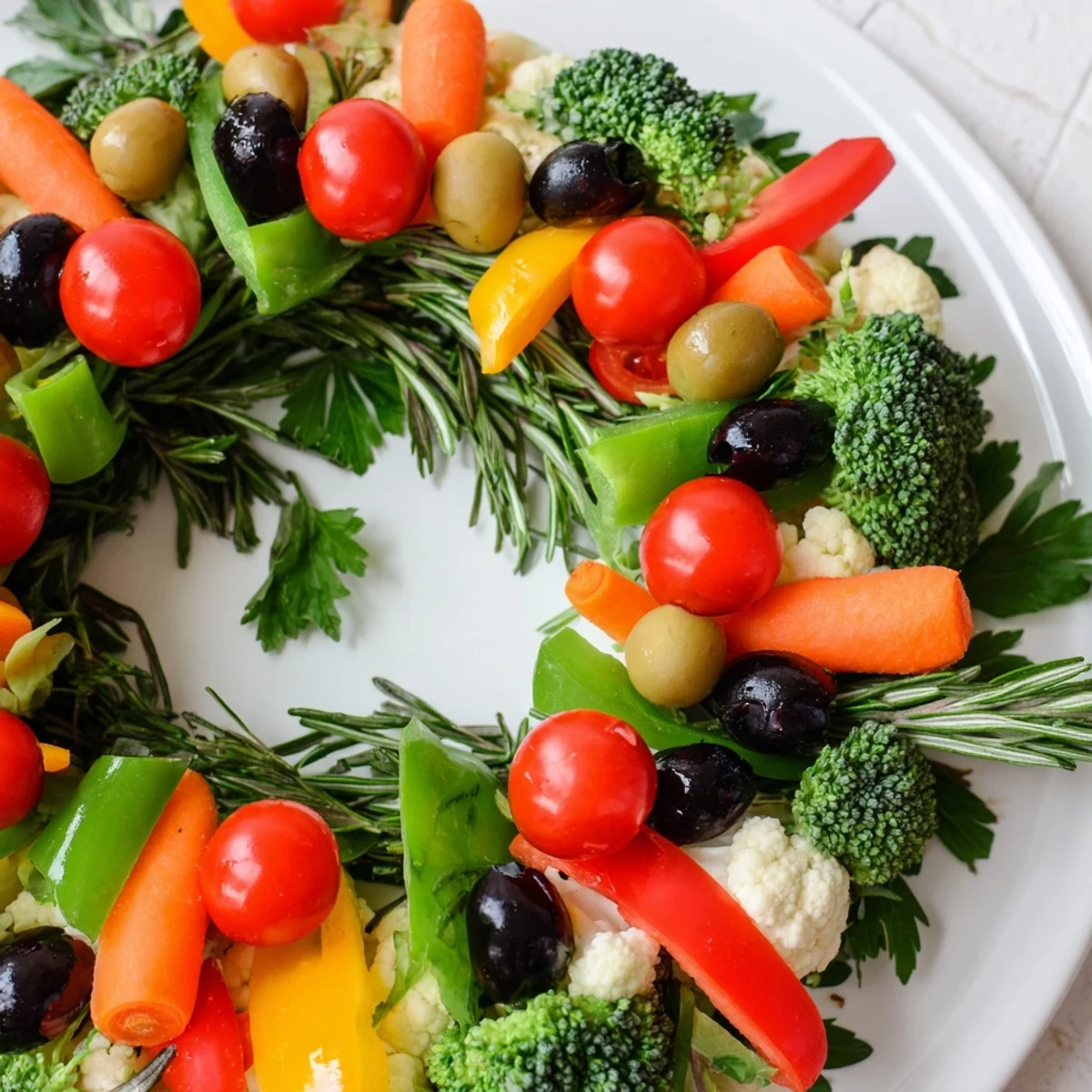 Vibrant Garland Veggie Wreath, full of fresh vegetables, ready to be dipped and devoured.